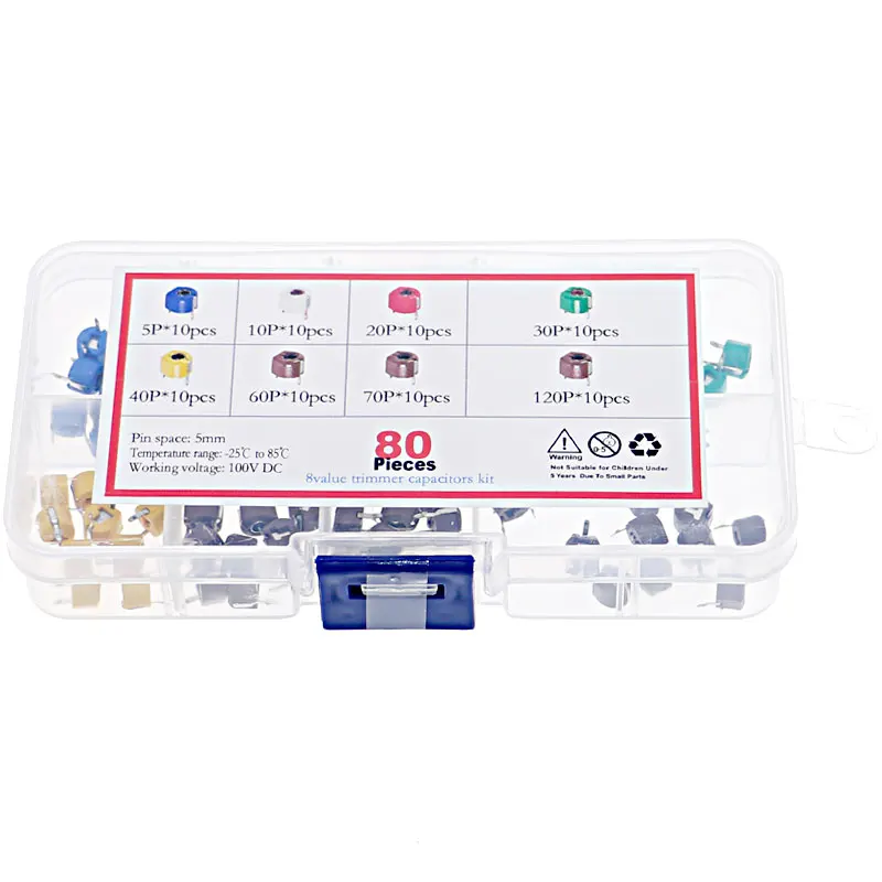 80Pcs 8value *10pcs 6mm 5pf 10pf 20pf 30pf 40pf 60pf 70pf 120P Adjustable Capacitor Variable Capacitor DIY Mixed Box kit adjustable capacitor