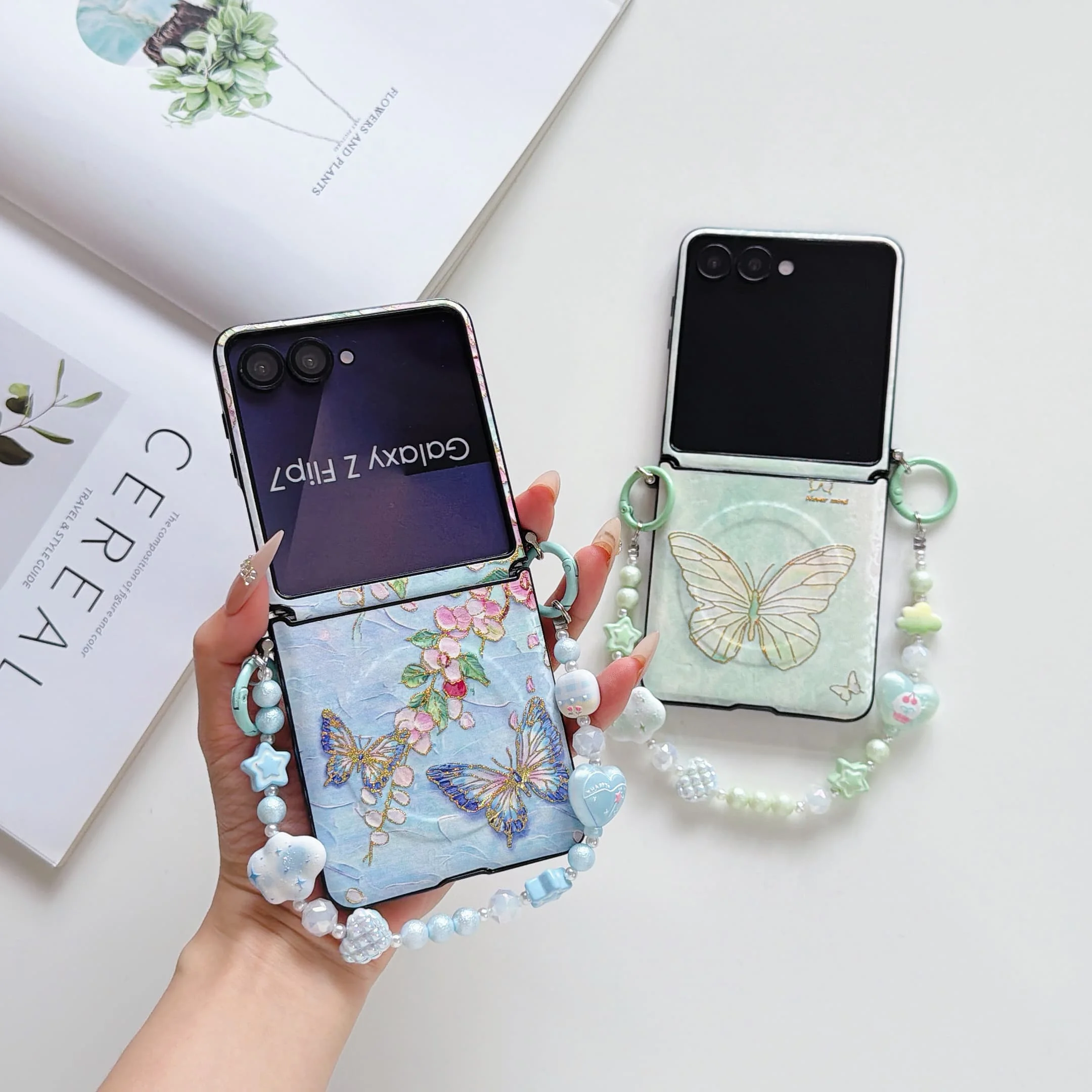 Magnetic Butterfly Pattern Shockproof Case with Flower Pendant Strap and Hinge Protection