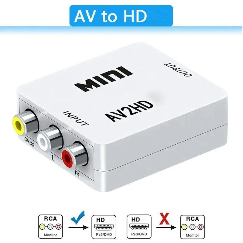 AV-HDMI 호환 변환기 HD 1080P RCA AV-HDMI-컴포지트 CVBS 비디오 오디오 어댑터(PS2/3 DVD-TV용 USB 케이블 포함)