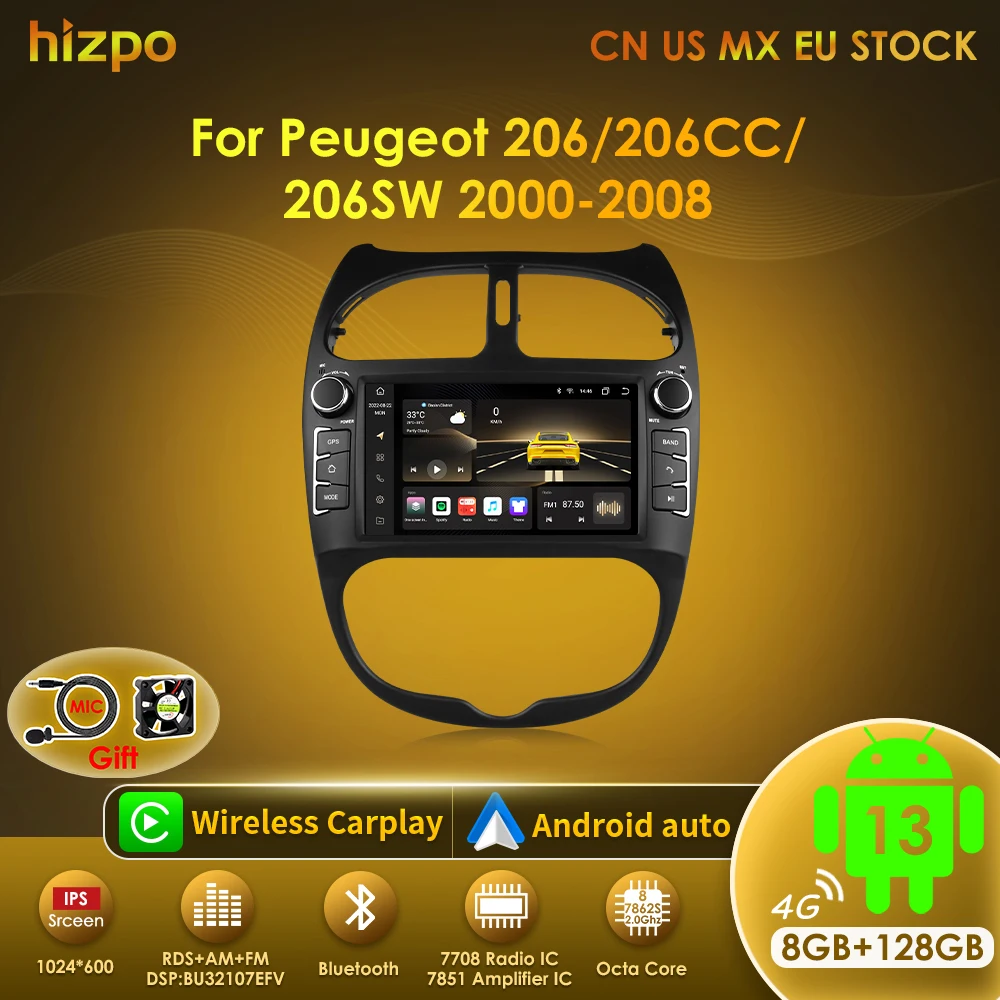 Hizpo 7862 2din Android 13 Car Radio For PEUGEOT 206 206CC 206SW