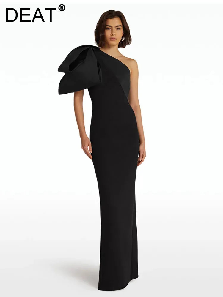 

DEAT Elegant Dress Single Shoulder Diagonal Collar Bowknot Wrap Hips Women Customized Evening Dress 2024 Spring New Fashion