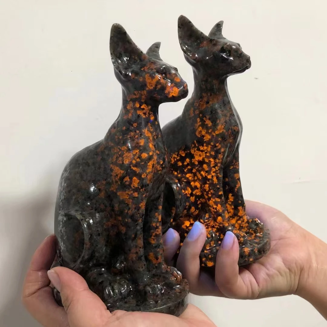 

18cm 5A+ Natural Flame Stone Sphynx Cat Hand-Carved Crafts Full of Light Yooperlite Ornaments Reiki Minerals Room Decor
