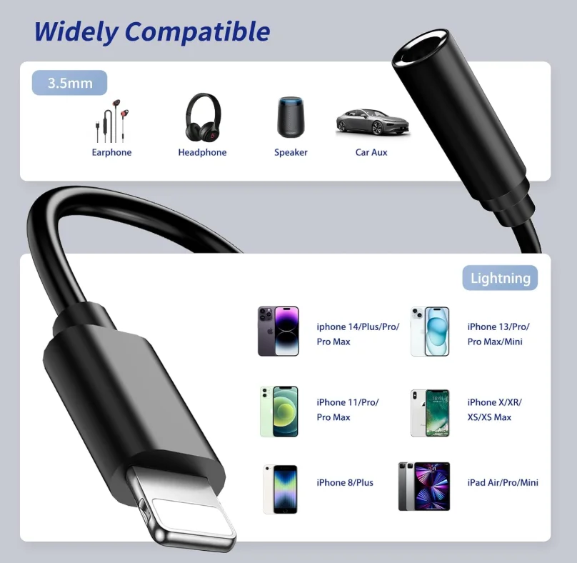 Lightning to Headphone Adapter 2 Pack MFi Certified Lightning to 3.5 mm Headphone Jack Adapter for iPhone Earphone Converter Dongle Aux Audio Cable