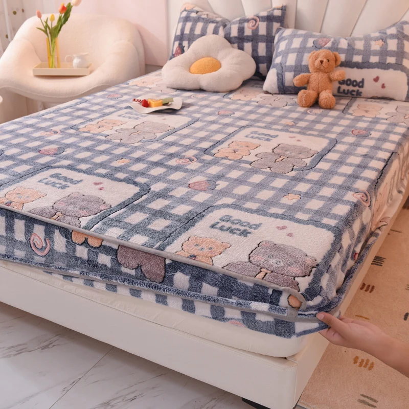 

Coral Velvet Fitted Sheet Elastic Bedspread Mattress Cover Soft Touch Bed Linen Protector Winter Warm Flannel Fitted Sheet