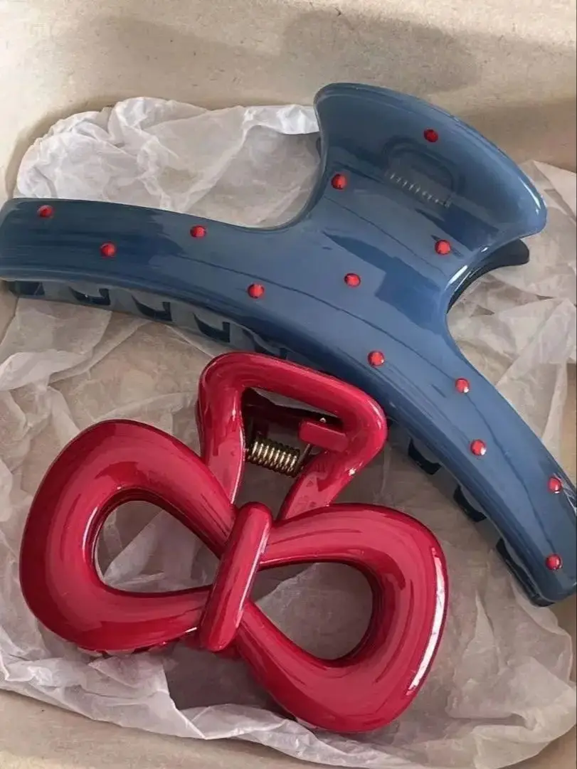 2 Teile/satz Vintage Blau Polka Dot Rote Schleife Haar Clip Shark Claw Clamp Haarnadel Haarspange Koreanische Haar Headwear Zubehör Für frauen – Detail 2