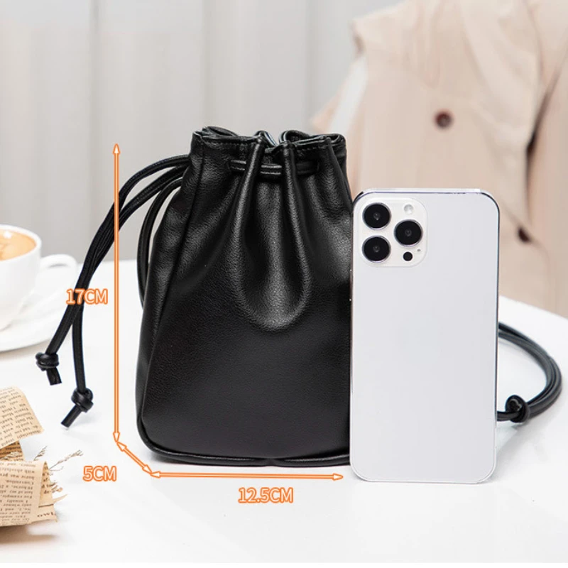 New Women Handbags PU Leather Shoulder Bags Drawstring Mini Phone Purse for Girls Female Crossbody Bag Pleated Bucket Bags