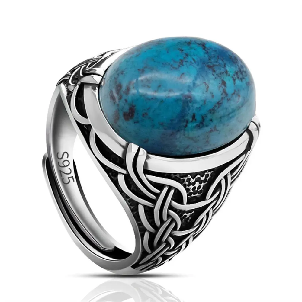 

Central Know 925 Sterling Silver Turkish Mens Ring Natural Chrysocolla Stone Handmade Vintage Hand Silver Adjustable Rings