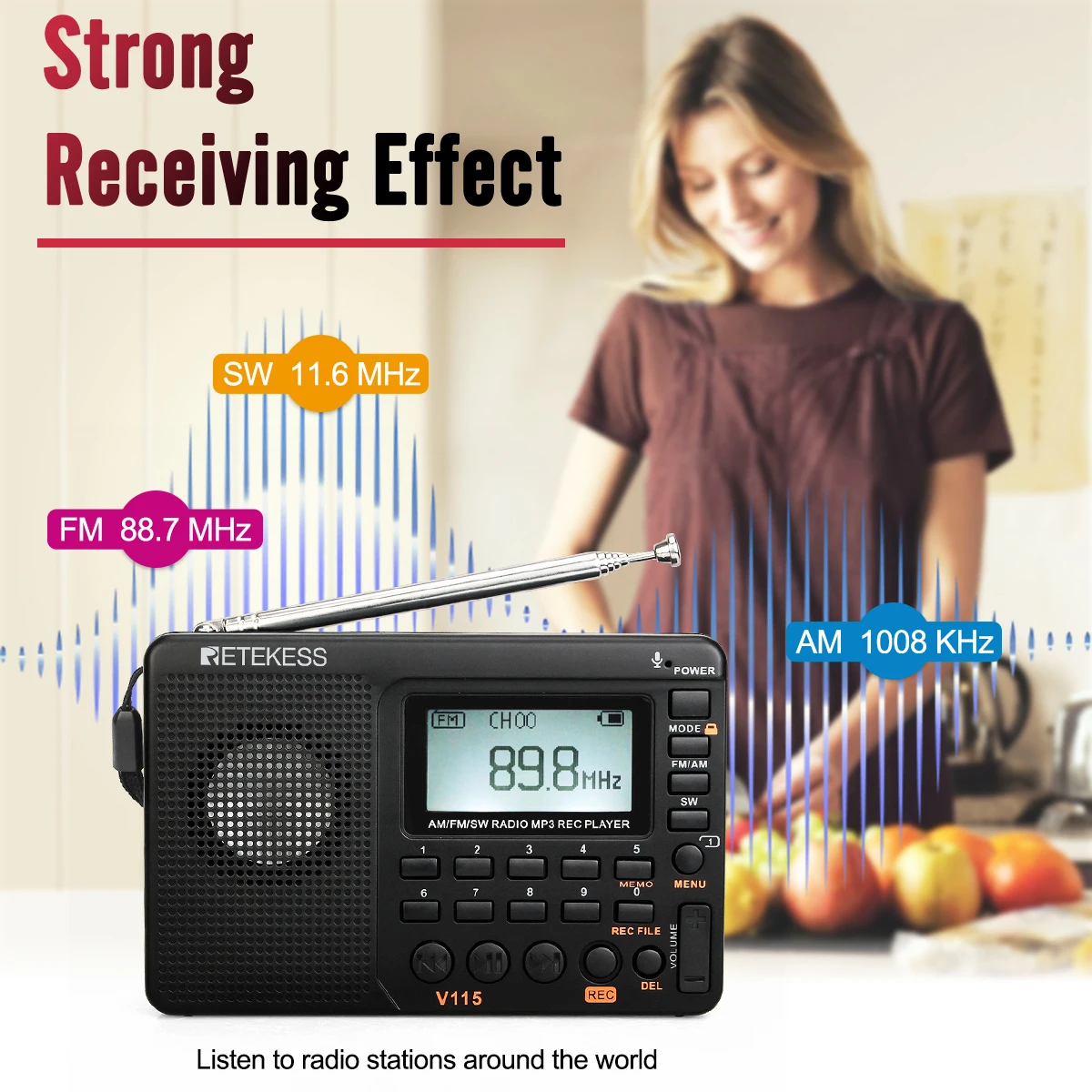 RETEKESS V115 Radio FM AM SW Portable Radios Rechargeable  Radio Batteries multiple bands  USB Recorder Speaker for Elders TX32 — view 5