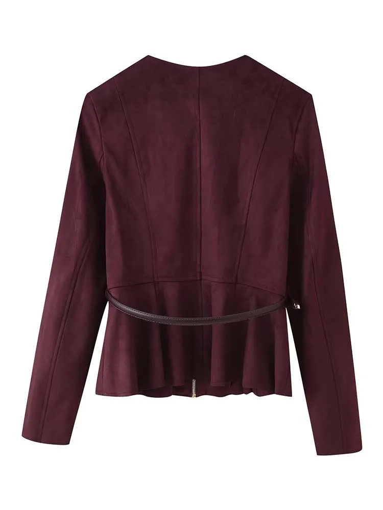 Women Vintage suede Jacket 2025 Autumn New Fashion O-Neck Long Sleeve With Belt Coat  Female High Street Long Sleeve New Jackets