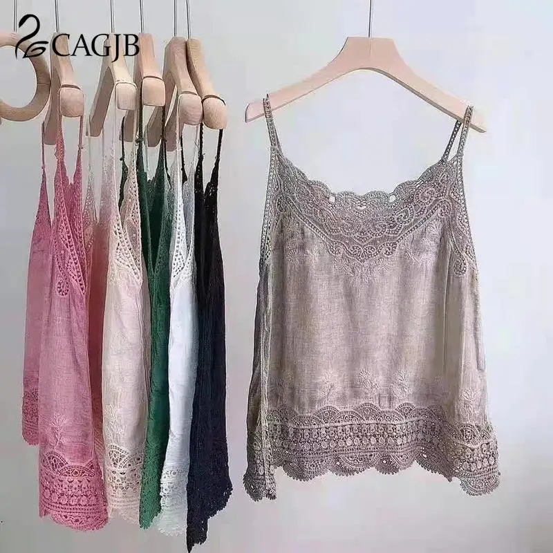 

Summer Hollow Out Lace Tank Top Women Ethnic Style Solid Color Sleeveless Loose Camisole