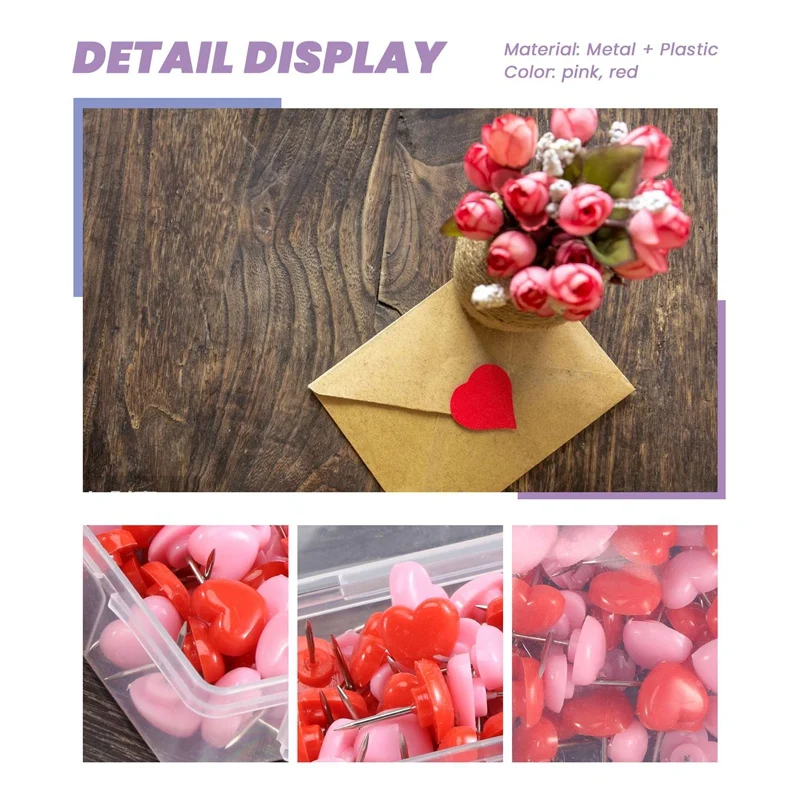 하트 푸시 핀, 빨간색 게시판 엄지 압정, 핑크 귀여운 벽 압정, 코르크 보드 장식, 가정 및 사무실, 50 개