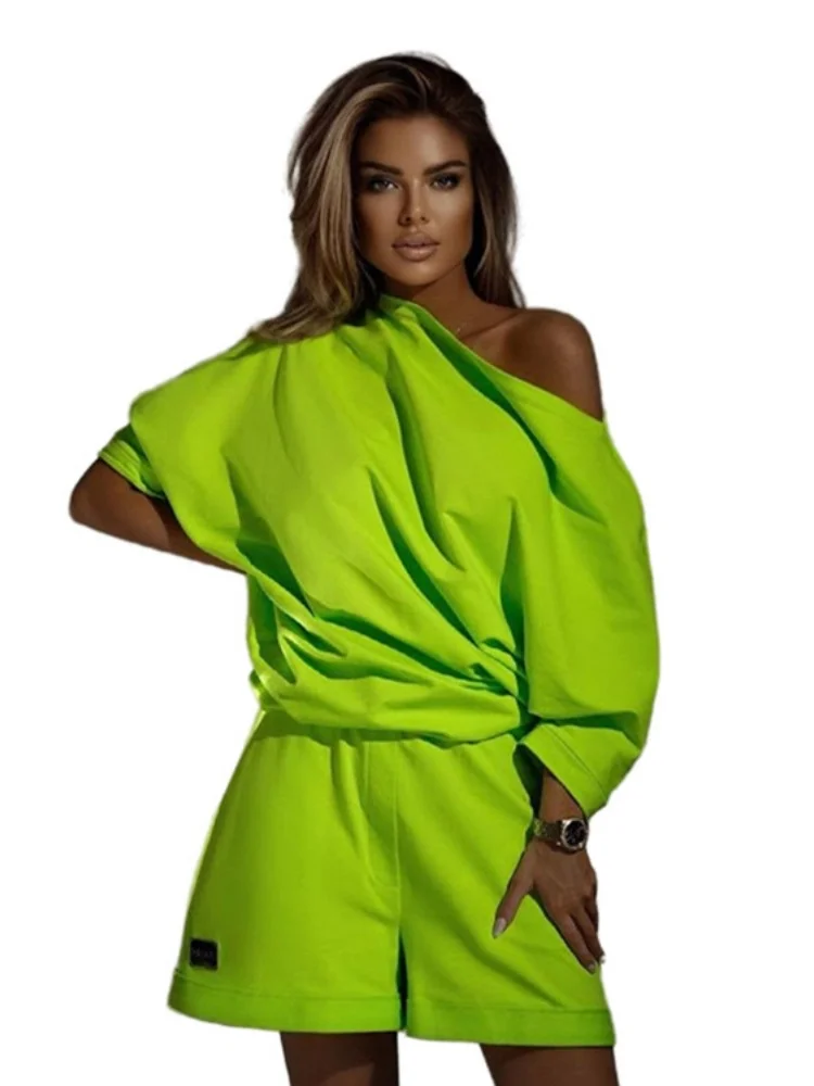 Wmstar Two Piece Set Women Wholesale Woman Trendy Fashionable Sweatshirt Pants One Shoulder Lapel Loose 2025 New Style Summer