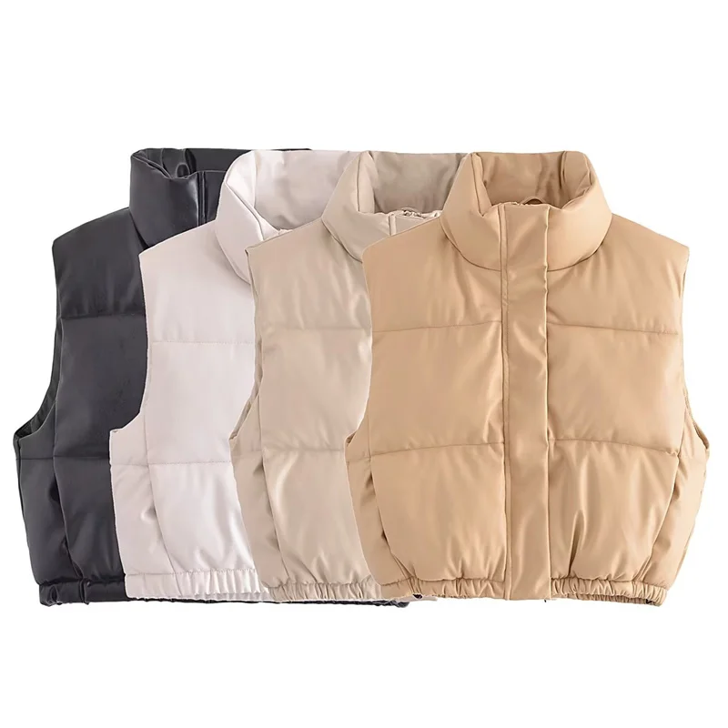 

2023 New Women Multi tone Faux Leather Versatile Cotton Tank Tops Autumn/Winter Fashion High Street Front Zipper Loose Vest