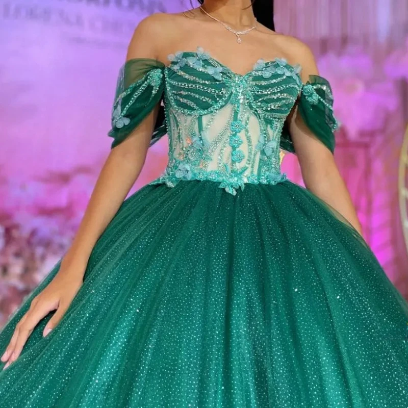 

Charming Saudi Arabic Green Prom Dresses Sweet 16 Girls Off Shoulder Ruched Ball Party Wear Vestido De 14 15 Anos Quinceanera