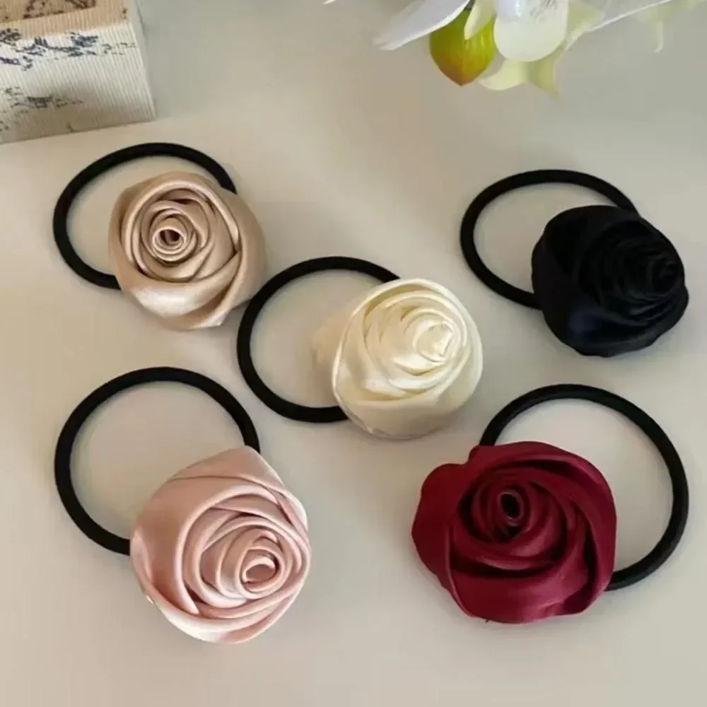 French Style Retro Rose Satin Hair Scrunchie - Artistic Glossy Floral Hair Accessory