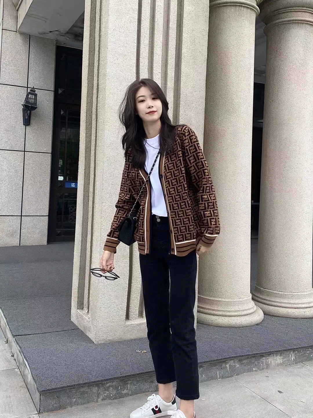여성용 니트 캐주얼 스웨터, 자카드 레터 니트 카디건, 단추 V넥 상의, 가을 패션, 2024 신상