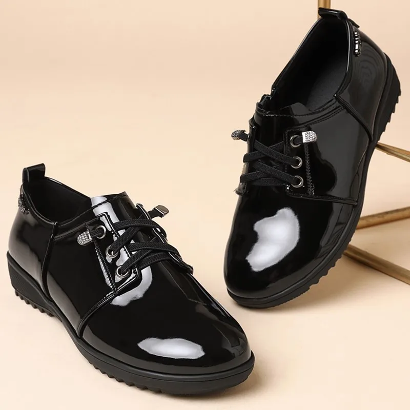 DIMANYU Women's Loafers Lace-up 2024 Spring Patent Leather Lace-up Women's Wedge Heels Non-slip Plus Size Mom Shoes