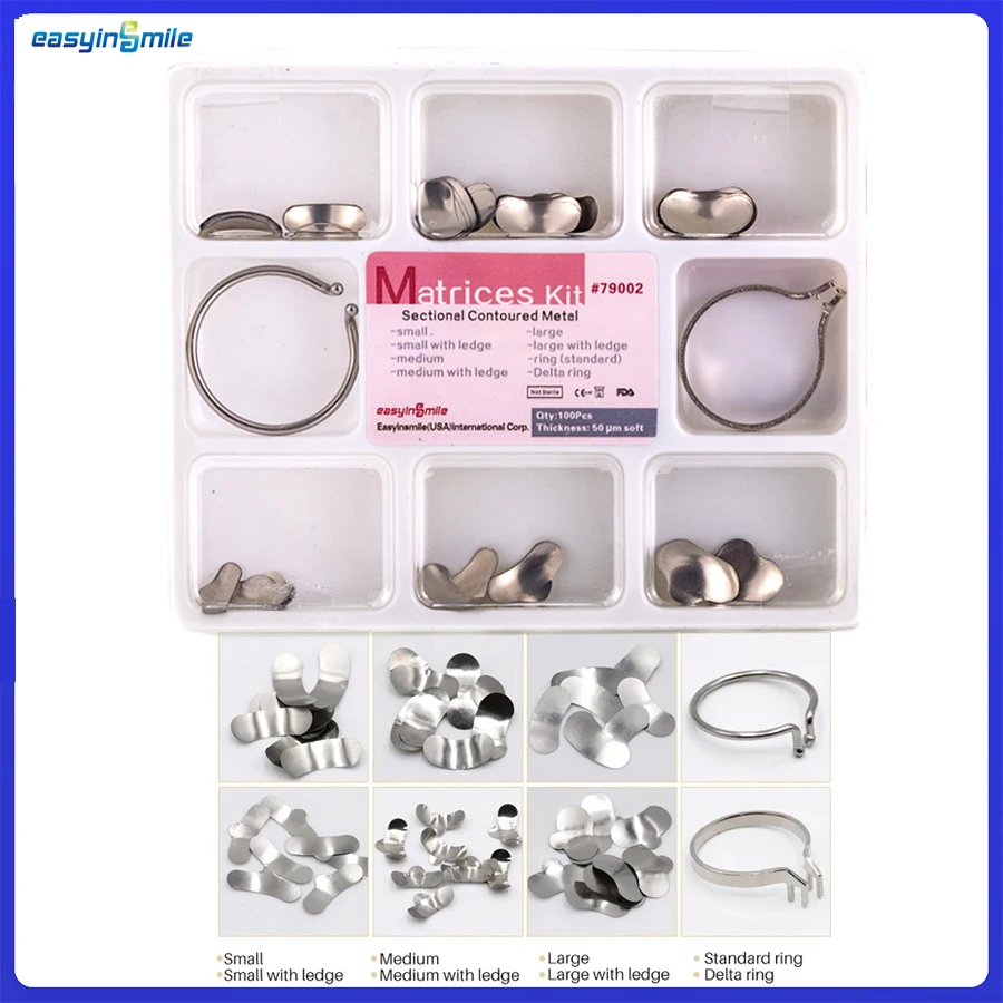 

100pcs EASYINSMILE Dental Sectional Contoured Metal Matrices Matrix Bands Tofflemire stuck S/M/L Resin Clamping/Seperating Ring