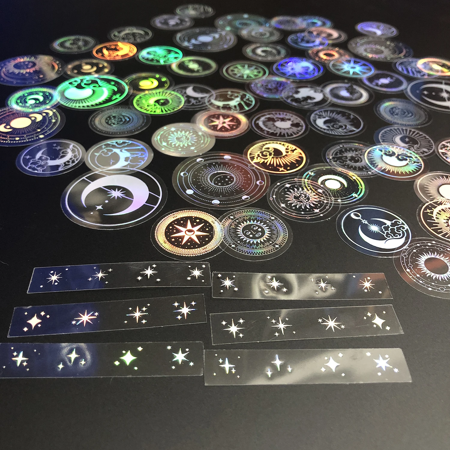 PET Adhesive Stickers Waterproof Transparent Laser Silver Stickers Label SUN MOON Stars etc 70 pcs