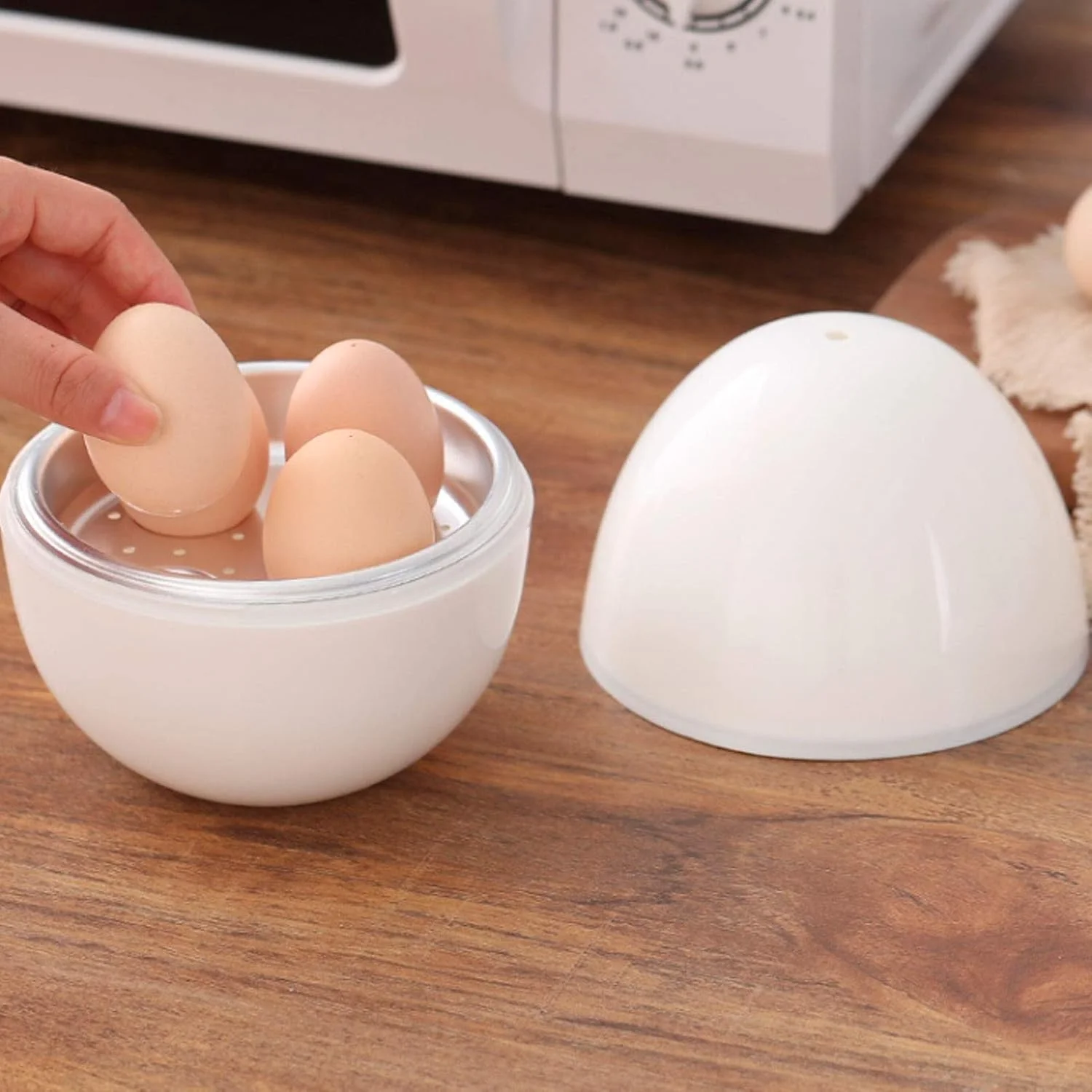 Microwave Egg Boiler, 4 Capacity, White Microwave Hardboiled Egg Maker, Hardness & Soft Cooker Under 9 minutes