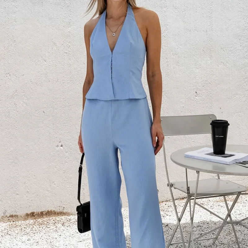 

Cotton Linen Women's Fashion Halter Sleeveless Vest & Pants Set Temperament Commuting Spring New Female Elegant Trousers Outfits
