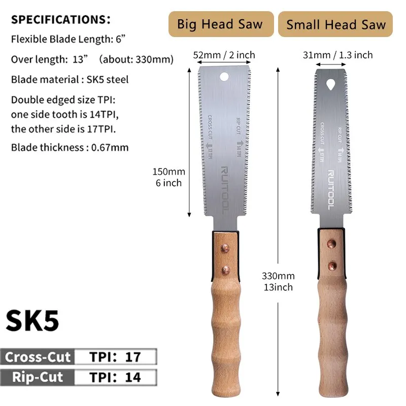 Japanese Saw 6 Inch Double Side Hand Pull Saw 14&17TPI SK-5 Steel Flexible Blade Flush Cut for Woodworking 1pc multi purpose saw hand saw handheld saw
