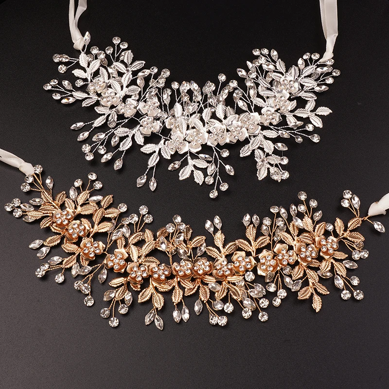 Silver Gold Flower Leaf Bridal Headpieces Wedding Rhinestones Headband Bride Hair Pieces Crystal Flower Girl Hair Accessories