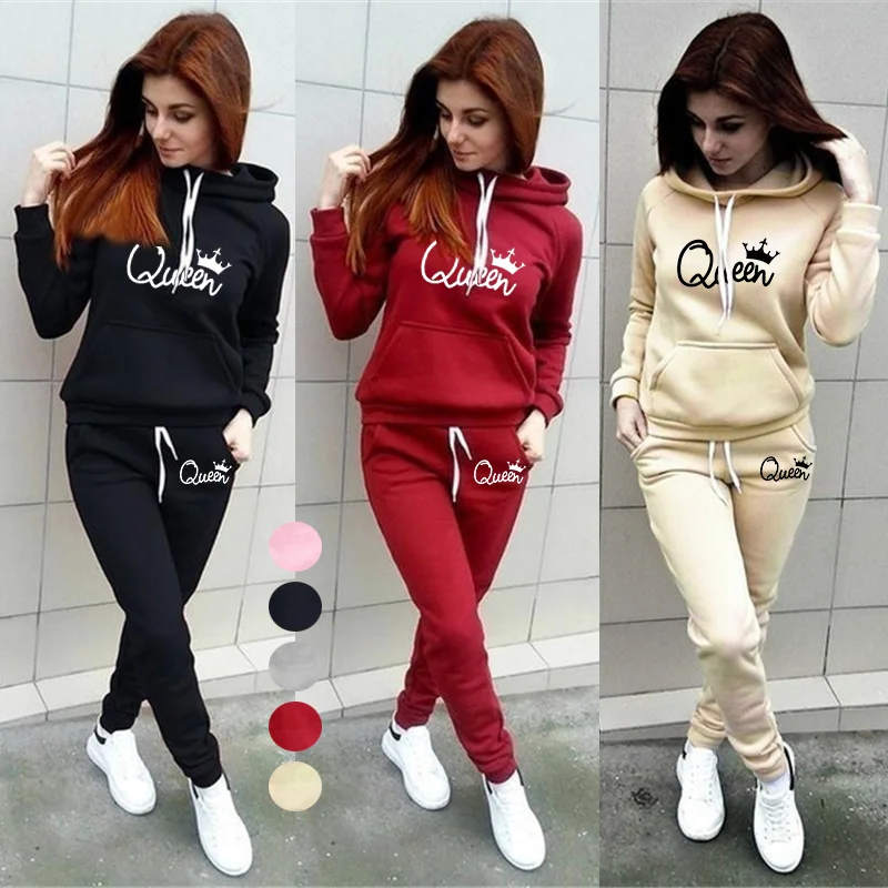 Ensemble 2 pièces sweat à capuche imprimé Queen pour femme, pull tendance, haut et pantalon de jogging_voghion.com