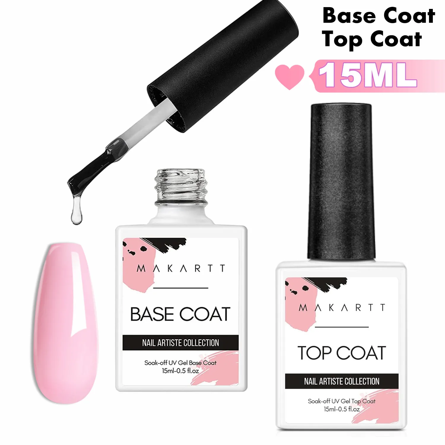 Nail Art Set Nail Top Coat Makartt 2pcs No Wipe Gel Top Coat and Base Coat Kit, 15ml Soak off UV LED Gel Base and Top Nail Polish