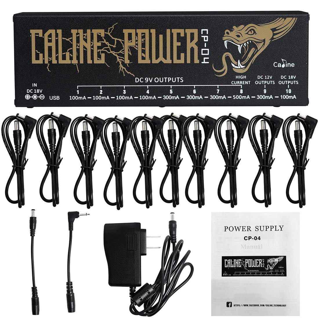 

Caline CP-04 Guitar Effect Pedal Power Supply 10 Isolated Outputs with Adapter 9V/12V/18V Short Circuit /Overcurrent Protection