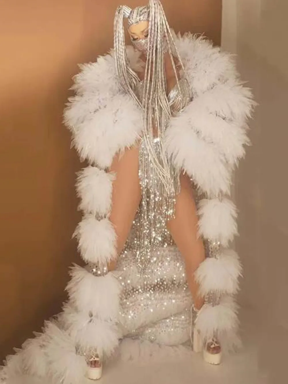 Shining Singer Costume Silver Sequin Fringed Bikini Luxury Fluffy Robe Birthday Outfits For Women Evening Party Stage Clothes
