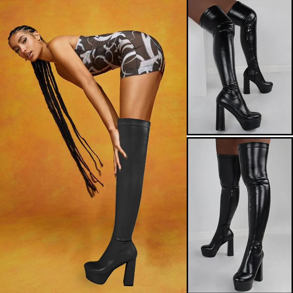 RIBETRINI-Cuissardes zippées pour femmes, bottes au-dessus du genou, talons  hauts à plateforme, noir abricot, sexy, rond, design de marque, 2022 -  AliExpress