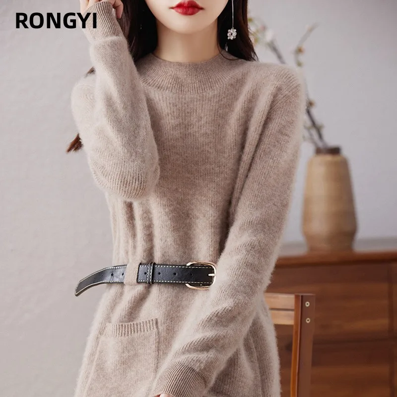 rongyi-100-wool-women-sweater-autumn-and-winter-knit-half-high-neck-pullover-large-size-thick-warm-with-a-pocket-fallow-top