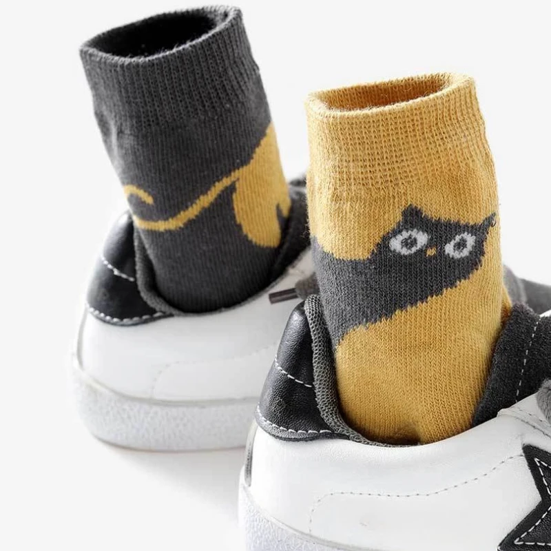5 Paar Kindersocken für Herbst und Winter, mittellange Socken mit Cartoon-Katzenmuster, bequeme, atmungsaktive Kindersocken für Jungen und Mädchen – Detail 7