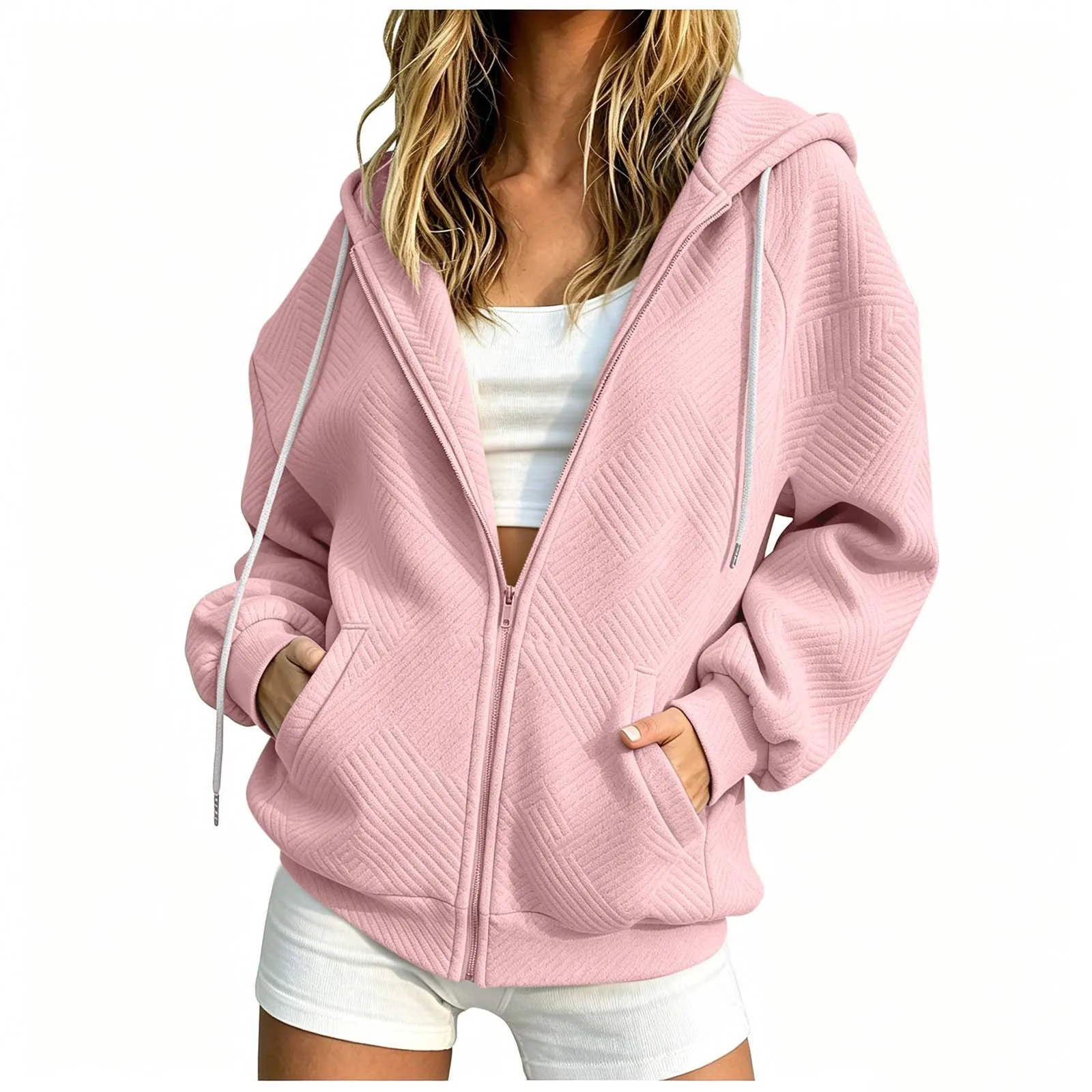 Women Winter Solid Color Pocketed Hooded Long Sleeved Coat Top Zippe Hoodies for Women