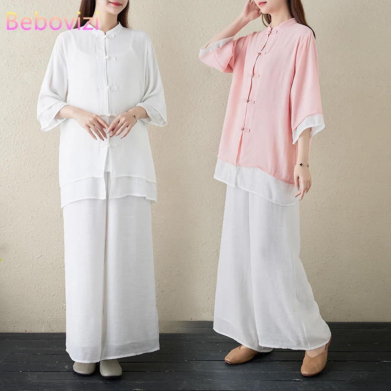 

Two Piece Sets Cotton Linen Yoga Clothes Summer Meditation Clothing Female Suit Tai Chi Kleding
