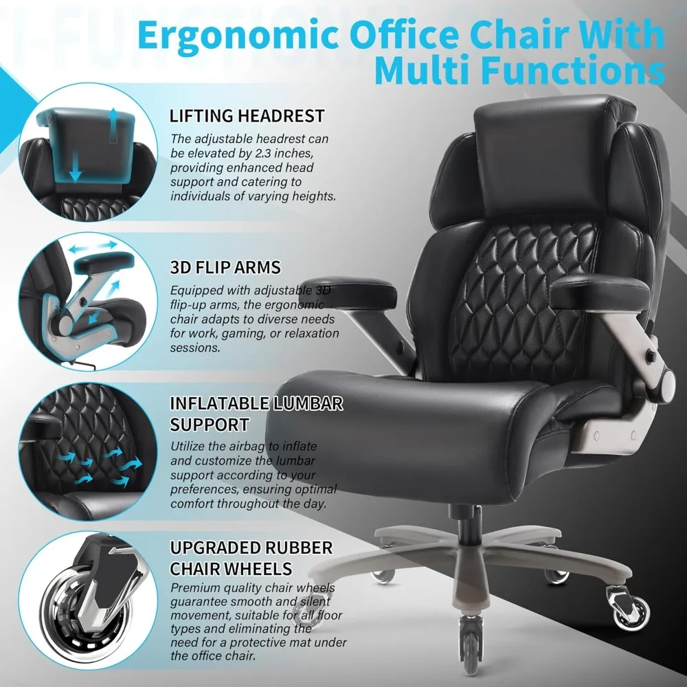 "sturdy ergonomic office chair for 700lbs capacity - adjustable headrest, lumbar support, 3d flip arms, large wheels, heavy duty