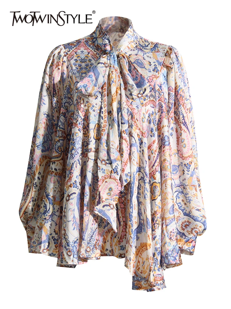 

TWOTWINSTYLE Hit Color Shirts For Women Lapel Long Sleeve Patchwork Lace Up Pullover Loose Blouse Female Fashion Style Clothes