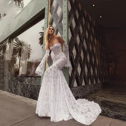 Sweetheart 3/4 Flare Sleeves Mermaid Lace Weddding Dresses Backless See Through  And Zipper Bridal Gowns