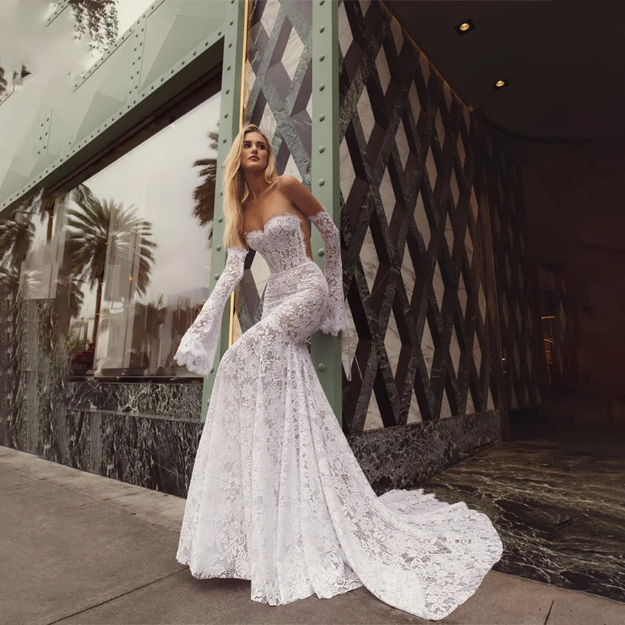 Vestidos de novia boho de encaje sirena con tirantes spaghetti para playa Marfil