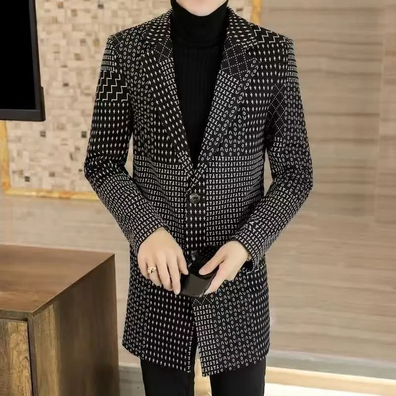 Autumn Winter New Fashion Turn-down Collar Long Sleeve Printing Trench Men's Clothing Korean Medium Long Styles Button Chic Tops