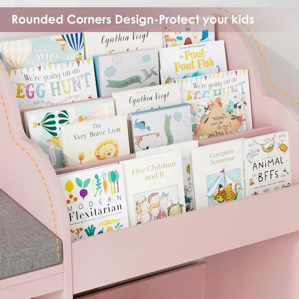 67" Kids Reading Nook with Bench, Kids Bookshelf and Bookcase with Seat Cushion and 6 Storage Cubbies, Toy Storage Box on Wheels 6