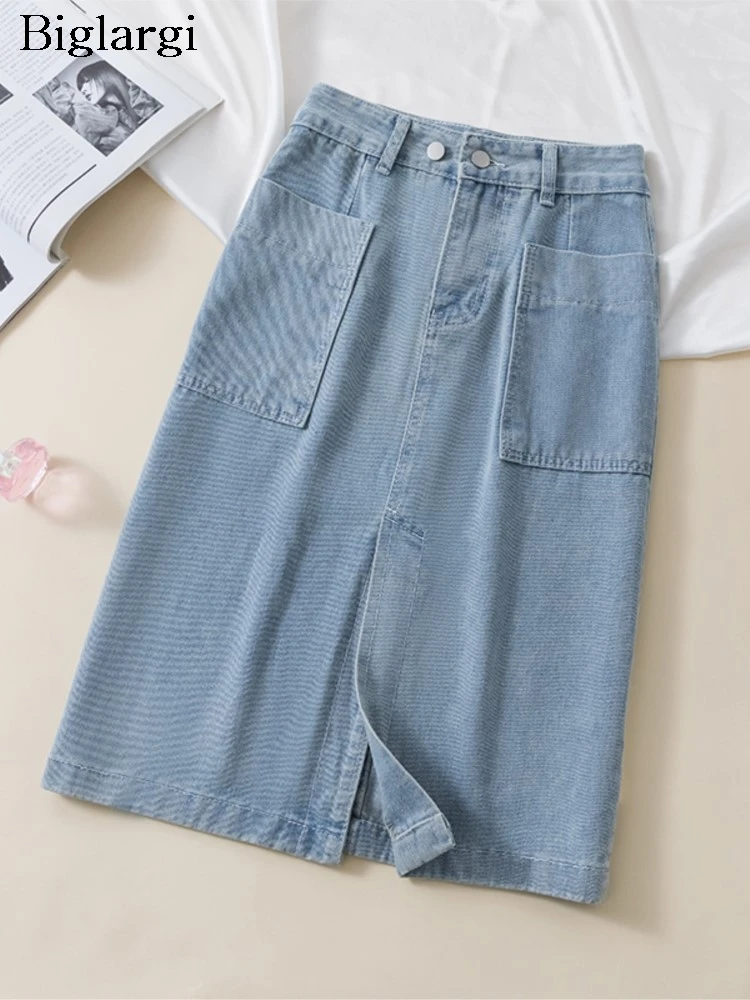 

Юбка женская джинсовая с высокой талией, свободная плиссированная Повседневная трапециевидная юбка с разрезом, в Корейском стиле, лето