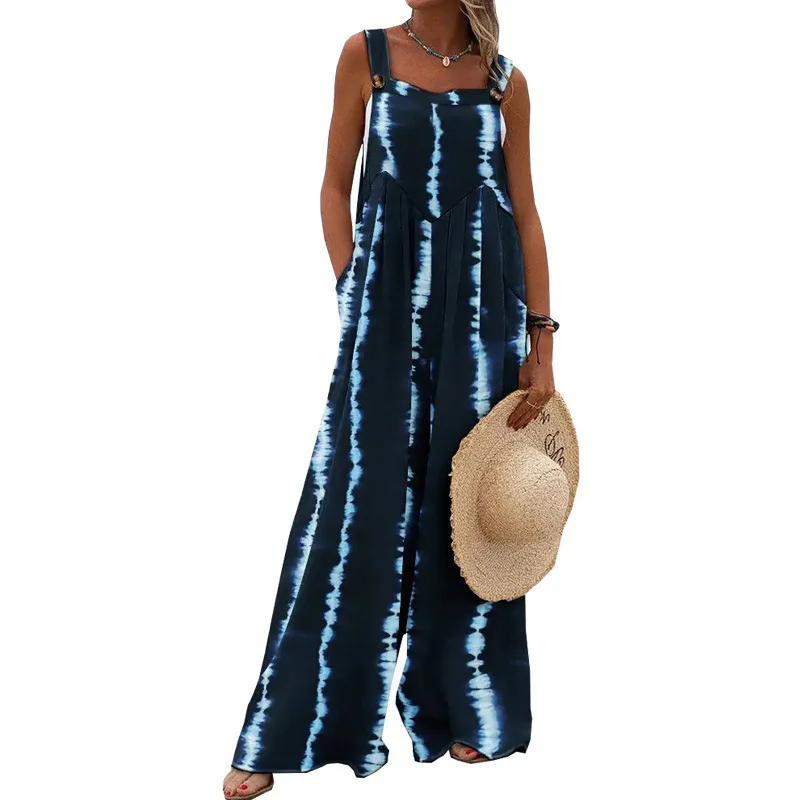 

Womens Floral Printed Jumpsuits Casual Sleeveless Chunky Strap Rompers Wide Leg Pants with Two Pockets Holiday Style