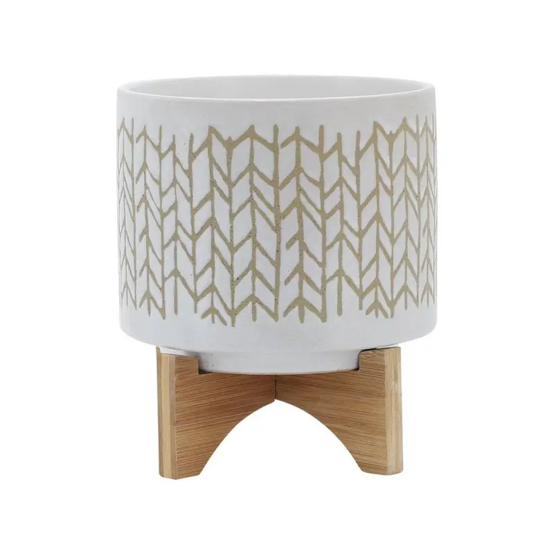 

Beige 8" Wide Chevron Planter Pot with Wood Stand