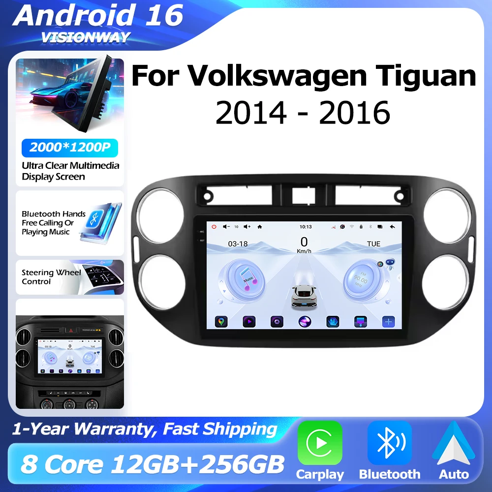 Android 16 QLED 2000*1200P Per Volkswagen Tiguan 2014-2016 Lettore multimediale di navigazione GPS Auto Wireless CarPlay WIFI 4G BT