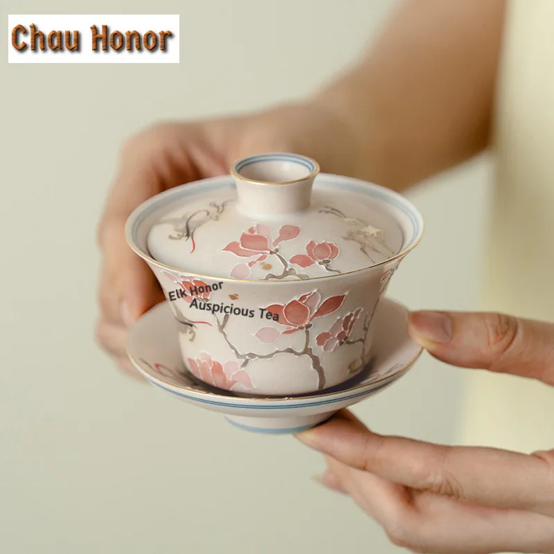 Hand-painted Plum Blossoms Pile Carve Gaiwan Luxury Tea Tureen Tea Bowl with Lid Kit Tea Making Cover Bowl Tea Items Decoration