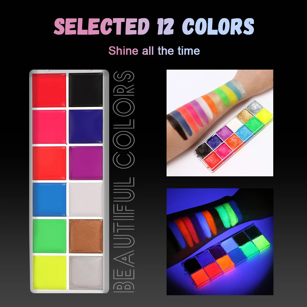 Description Picture 6 of item12-Color UV Glow Face and Body Paint Makeup Palette Set - Vibrant, Waterproof, Long-Lasting Halloween, Cosplay and Costume Makeu