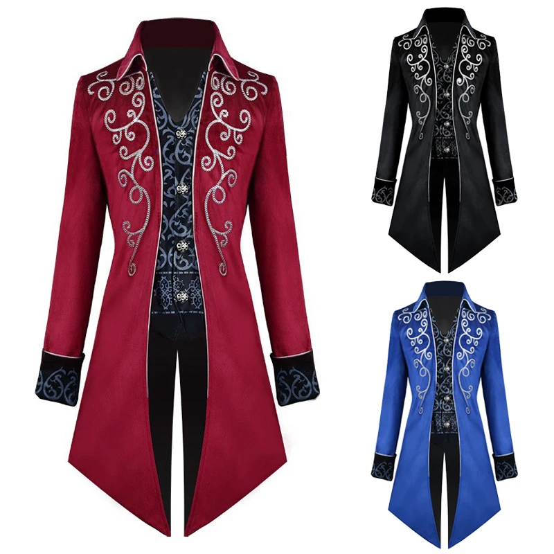 

Men Medieval Retro Tailcoat Gothic Victorian Cosplay Long Jacket Renaissance Print Tuxedo Coat Halloween Costumes