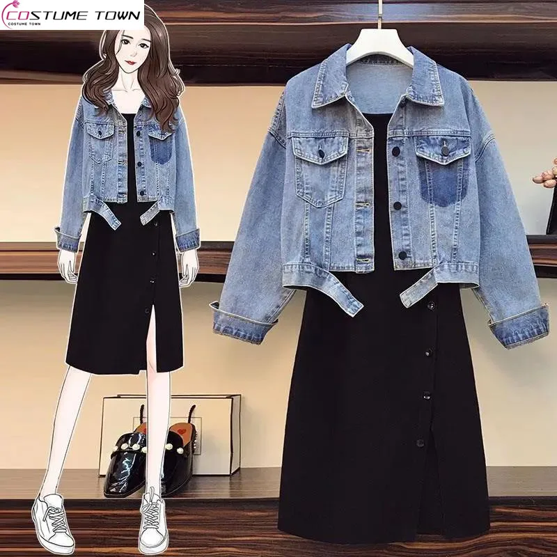 Women's Set 2023 Spring and Autumn New Korean Edition Reduced Age Denim Coat Slim Loose Fit Dress Two Piece Set